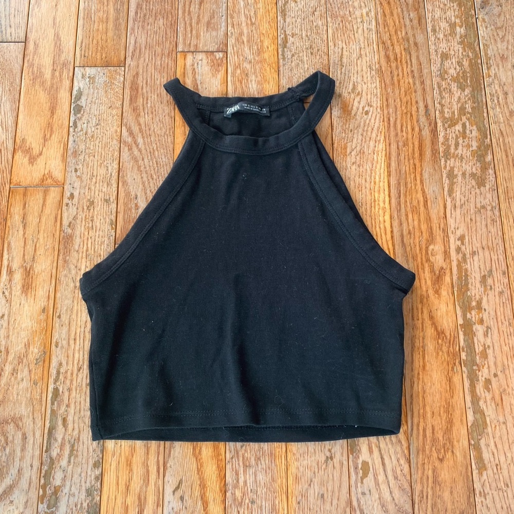 black high neck cropped zara cotton tank top